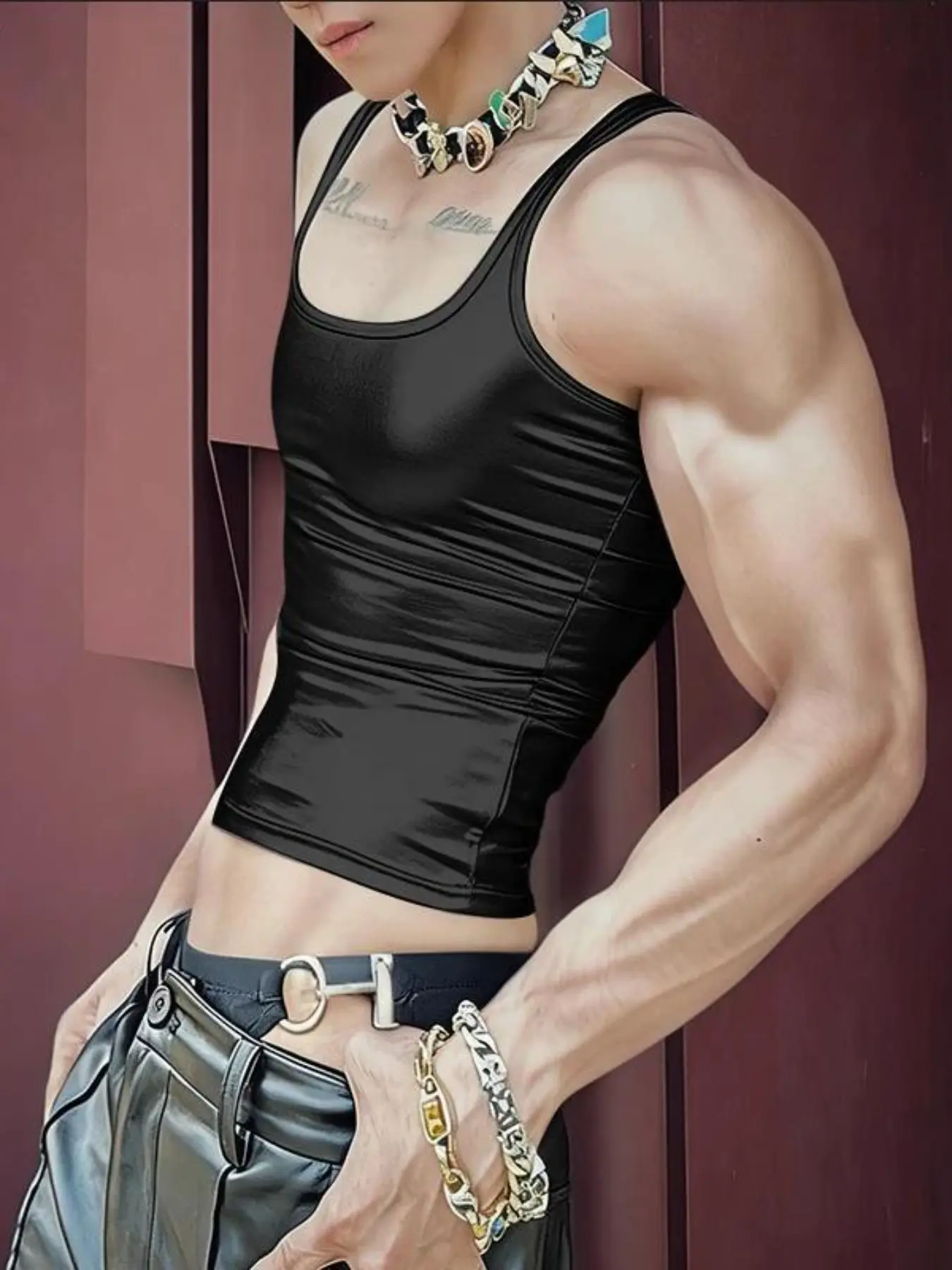 Men's High Stretch Slim Fit Halter Top, Glossy Finish, U-Neck Fine Straps, Inner Wear Blouse Shirt, European and American Style, Fitted Muscle Tank