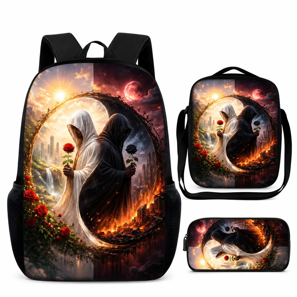 Yin Yang Rose 3 Piece Backpack Set for Teens, Light and Dark Hooded Figure School Bookbag with Lunch Bag and Pencil Case, Gothic Floral Fantasy Travel Daypack, Alternative Art Back to School Gift