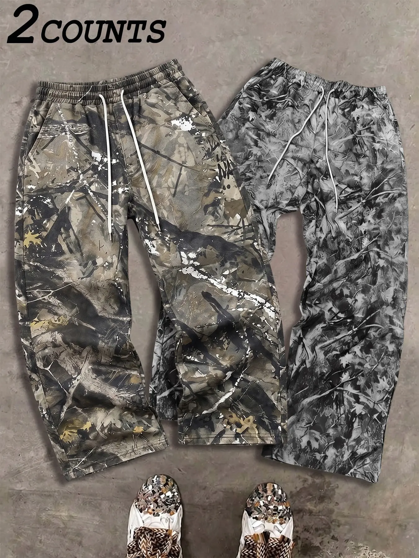2-Pack Men's Digital Print Tree Camo Wide Leg Sweatpants, Drawstring Waist Loose Fit Casual Sportswear Pants, All Season Fashion