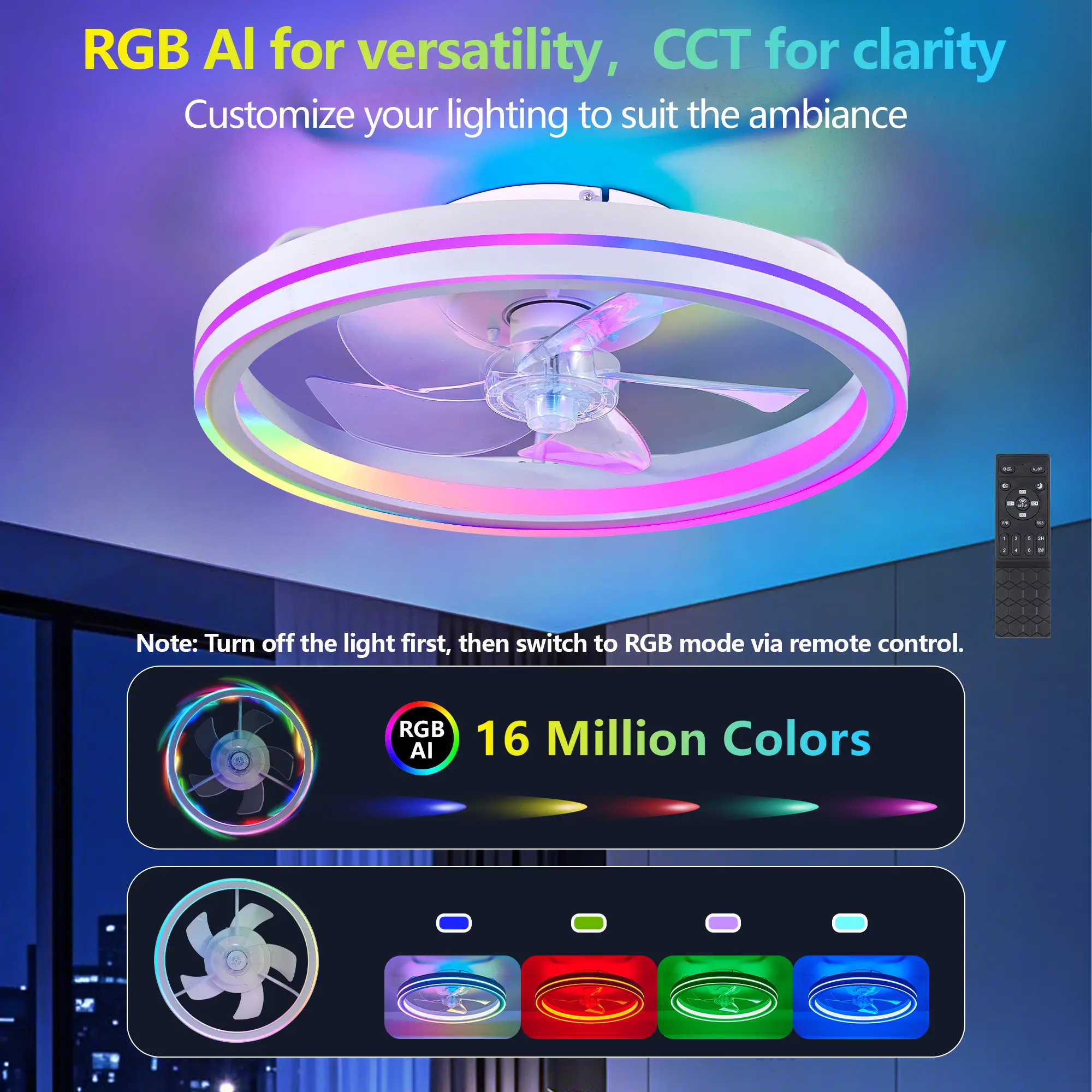 Smart RGB Ceiling Fan with Light, 19" Low Profile Bladeless LED Ceiling Fan Light with Remote & APP Control, Dimmable Modern Chandelier Fan for Bedroom, Living Room