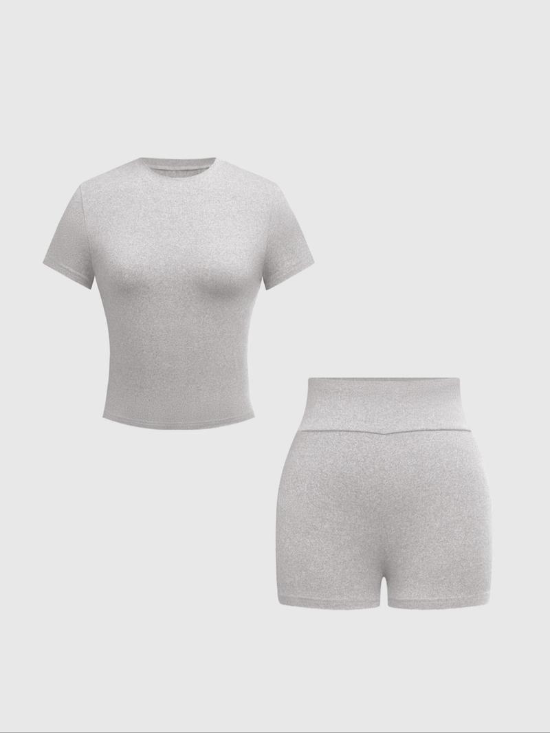 Women's  Solid Round Neck Tee & Skinny Shorts Set, Casual Short Sleeve T-shirt & Short Leggings, Ladies Summer Clothes