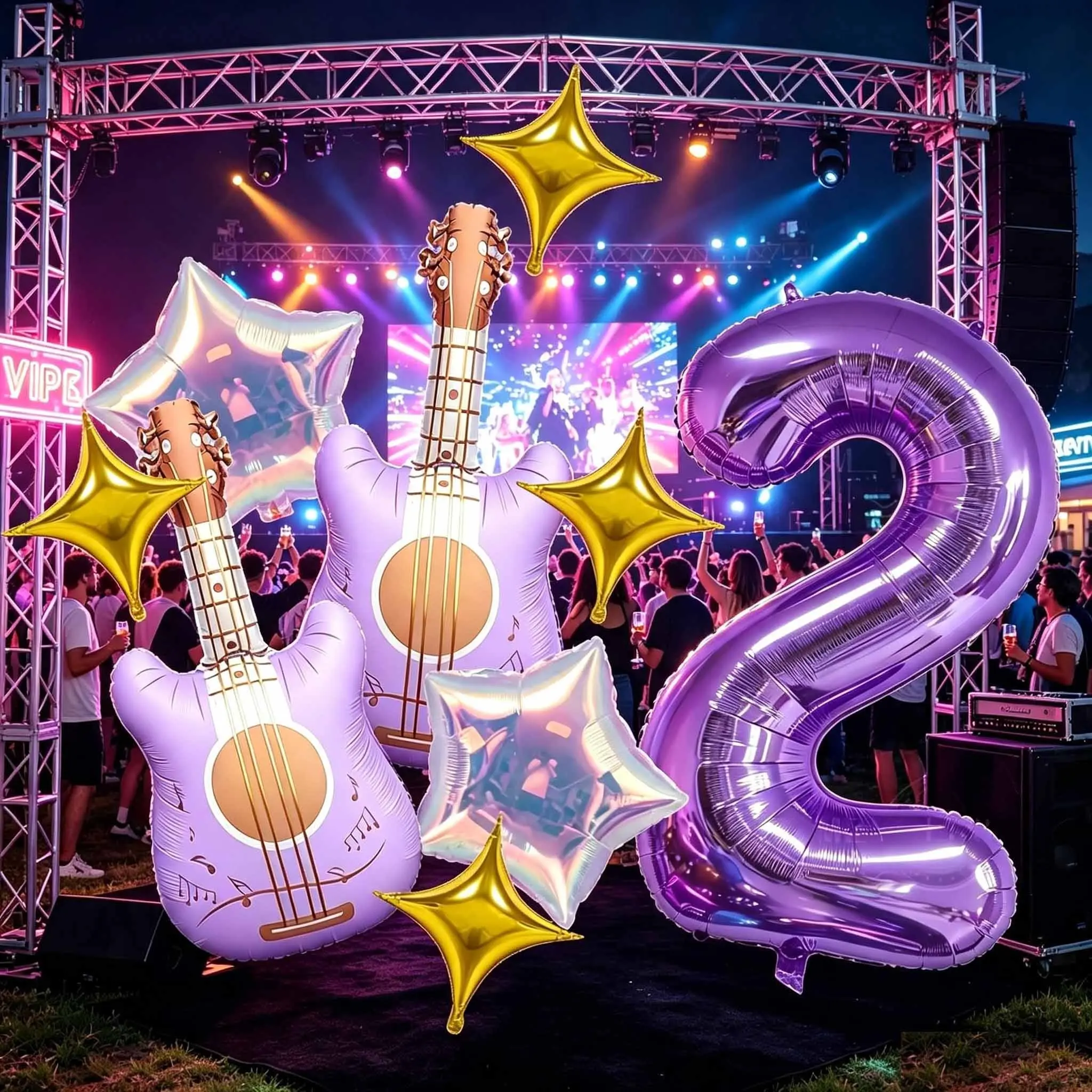 9-Piece Music Birthday Party Balloon Decor Set, Guitar and Star Balloons, Perfect for Music Theme Parties and Celebrations