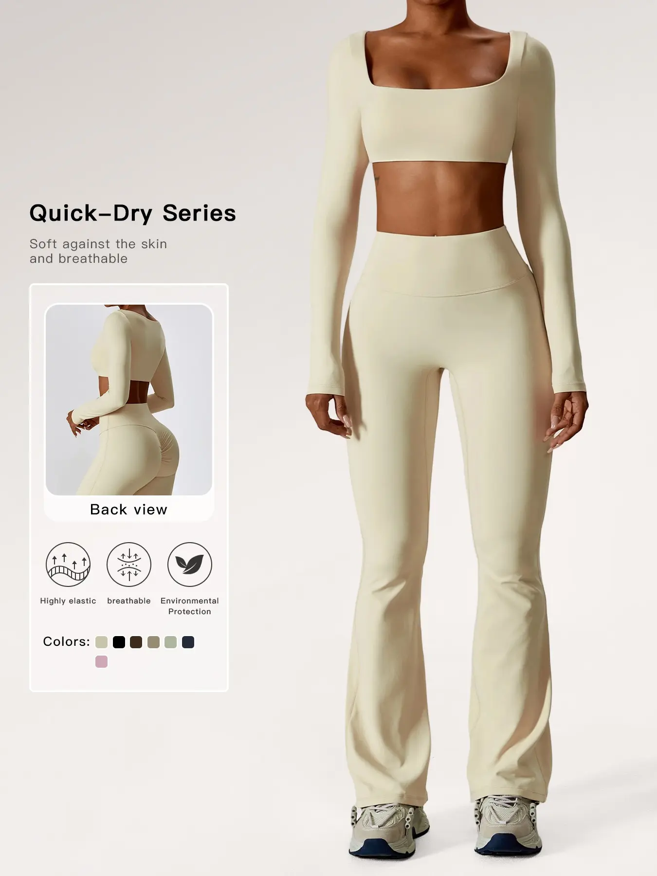 Women's Solid Square Neck Crop Top & High Waist Flare Leg Pants Tracksuit Set, Comfy Breathable Long Sleeve Cropped Top & Bell Bottom Trousers Two-piece Outfits for Yoga Gym Workout, Ladies' Clothes for All Seasons, Gym Wear, Fitness Sets