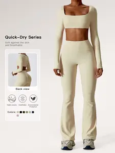 Women's Solid Square Neck Crop Top & High Waist Flare Leg Pants Tracksuit Set, Sporty Comfy Breathable Long Sleeve Cropped Top & Bell Bottom Trousers Two/Four-piece Outfits for Yoga Gym Workout, Ladies' Clothes for All Seasons, Gym Wear