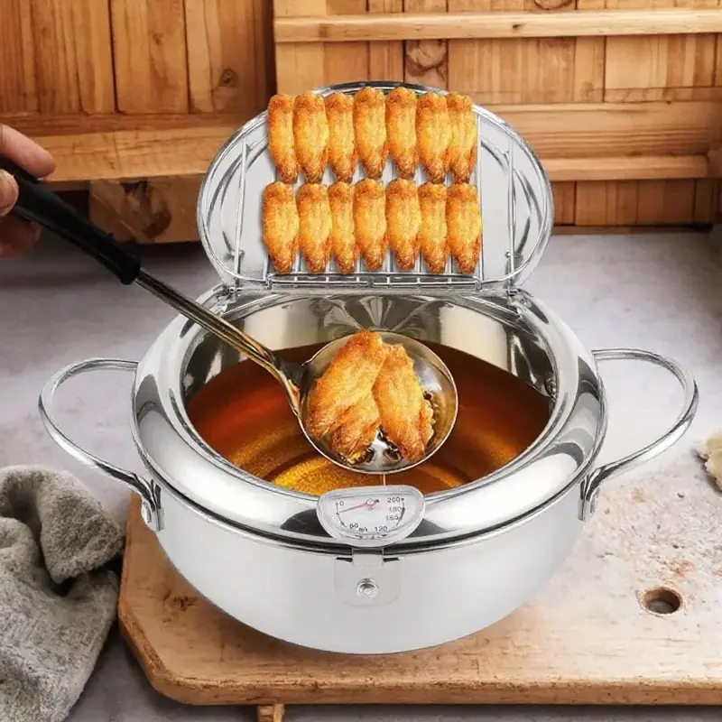 Multifunctional frying and cooking machine, deep fryer, Kitchen appliances, Home Deep Fryer, 304 stainless steel Japanese deep fryer with oil drain, temperature control and lid, for kitchen stove/induction cooker frying french fries fried chicken