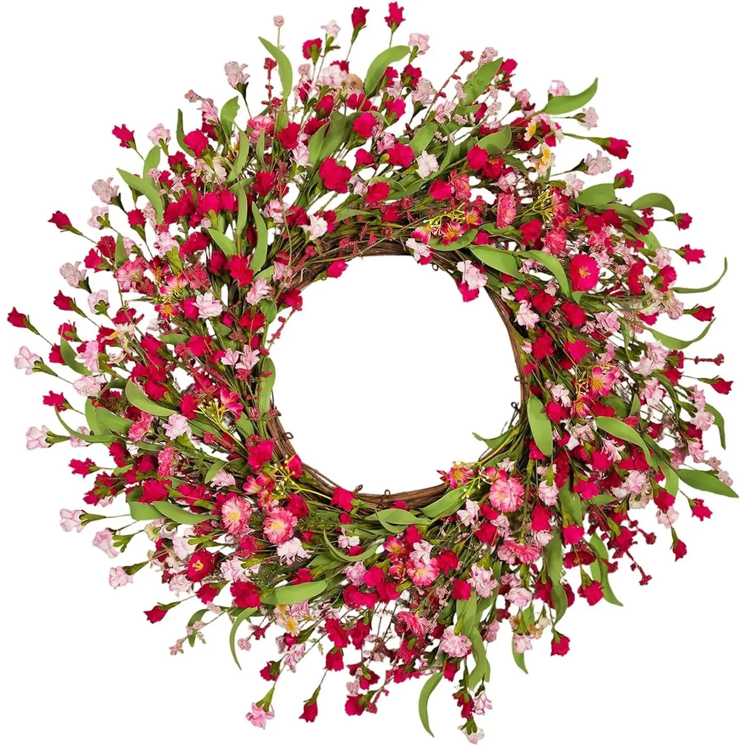 24 Inch Spring Wreaths for Front Door, Summer Wreath with Magenta  , Artificial Floral Greenery Eucalyptus Wreaths,  Grapevine Wreath for Outside  Wall Porch Decor