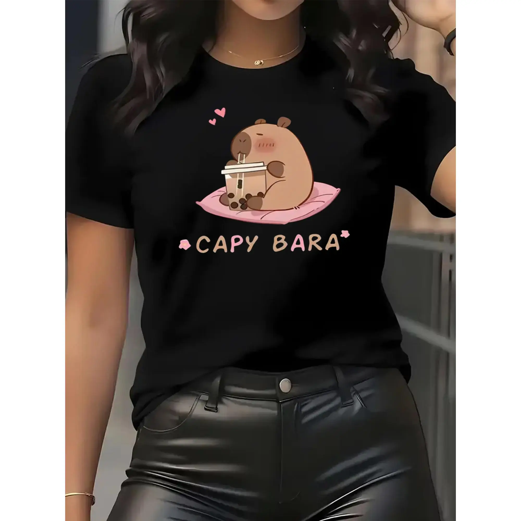 Women'S Casual Short Sleeve T-Shirt - Cute Capybara & Coffee Design, Soft Breathable Fabric, Loose Fit, Machine Washable, Perfect for All Seasons, Brown with Pink Accents, Casual Wear | Playful Graphic Tee | Comfortable Fit