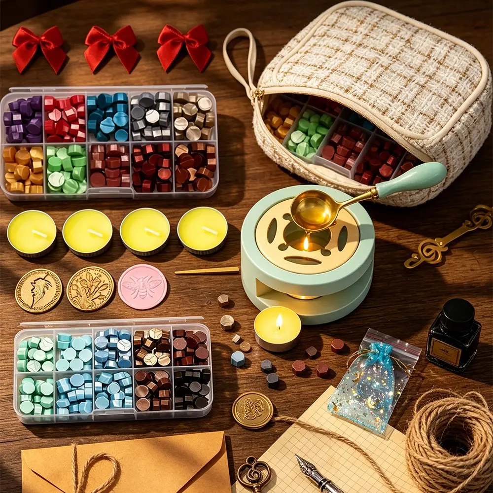 Vintage Portable Wax Seal Kit, Tweed Handbag, Macaron Mixed Wax Beads, Bee Flower Copper Stamp Tool, Letter Card Gift Packaging Set