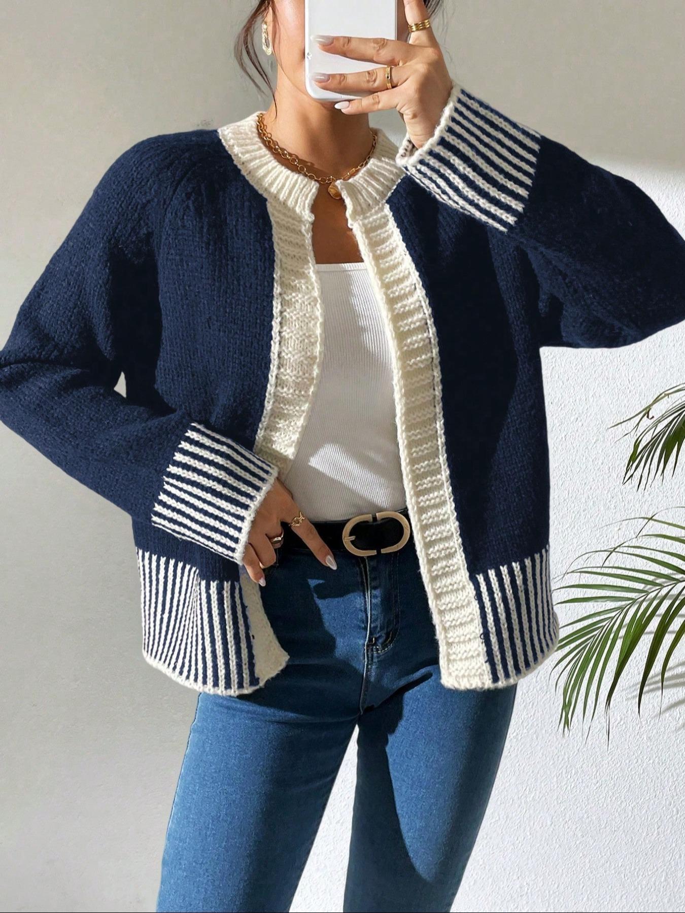 Women's Striped Print Contrast Binding Raglan Sleeve Cardigan, Casual Long Sleeve Open Front Knitwear for Fall & Winter, Fashion Women's Knit Clothing for Daily Wear Women's Striped Print Contrast Binding Raglan Sleeve Cardigan, Casual Long Sleeve Open Front Knitwear for Fall & Winter, Fashion Women's Knit Clothing for Daily Wear