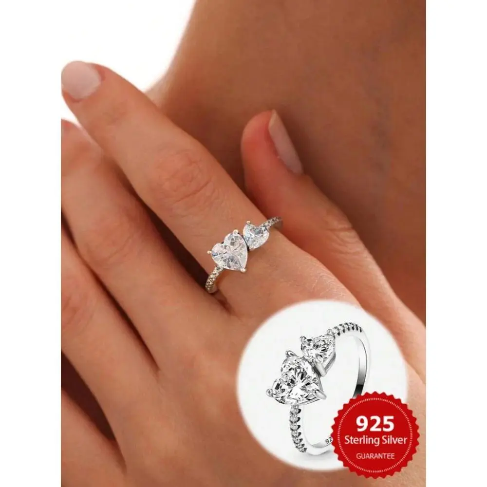 925 Sterling Silver Zircon Simplicity Double Love Heart Ring For Women Engagement Wedding Luxury High Quality Fine Jewelry