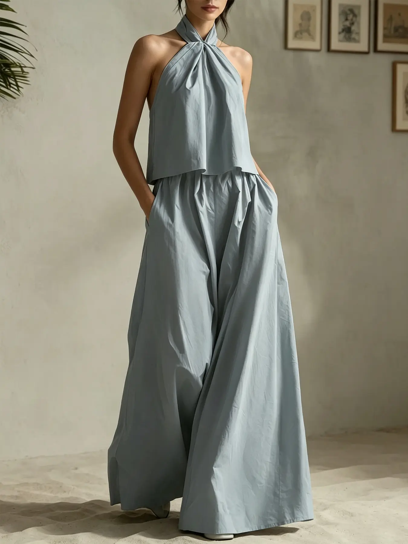 A set of women's French style sleeveless twisted neck top and wide leg pants, suitable for both indoor and outdoor travel, suitable for commuting to work, shopping and outdoor activities, indoor and outdoor dressing