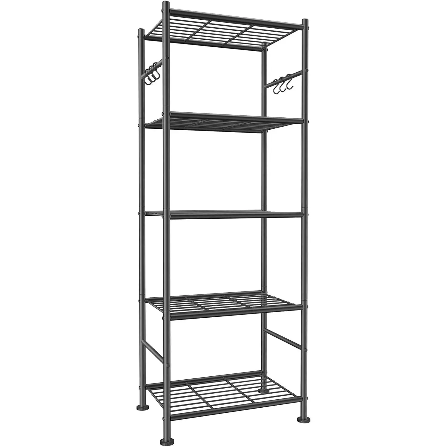 Storage Shelves - 5-Tier Large Capacity Shelf Organizer with Hooks, Heavy-Duty Garage Shelving with Leveling Feet, Wobble-Free Rack for Bedroom, Balcony, Garage, 18.1"×12.4"×56.8", Black