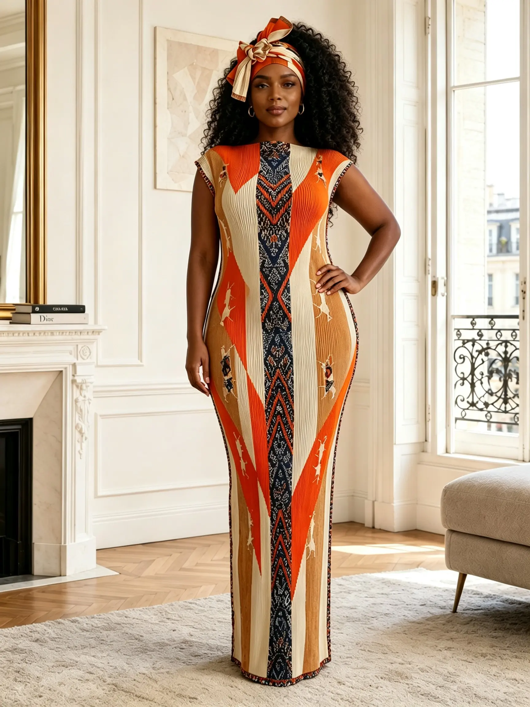 Plus Size Women's Two-Piece Satin Pleated Long Robe Set, Geometric Tribal Print, Elegant Loose Fit for Home Beach Vacation