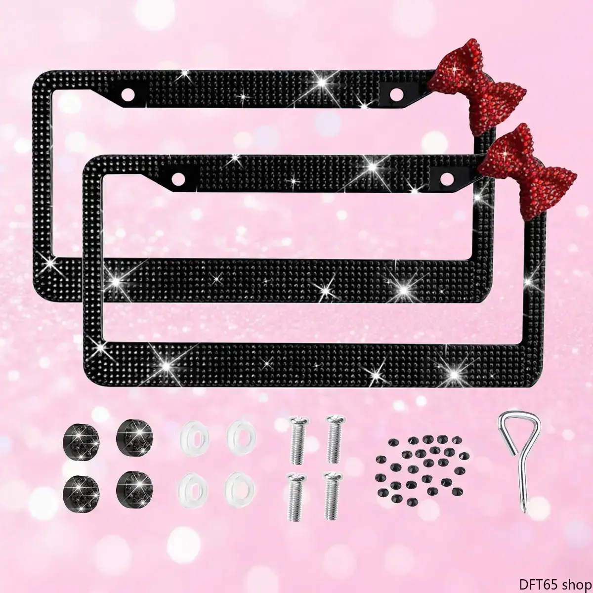 Women's Bling Bow DIY Bag Accessory, Pink Rhinestone Stainless Steel License Plate Frame, Synthetic Acrylic Sparkle Surface, Universal US Standard Auto Tag Holder with Mount for Vehicle Exterior Decor, Synthetics, Rhinestone Bow