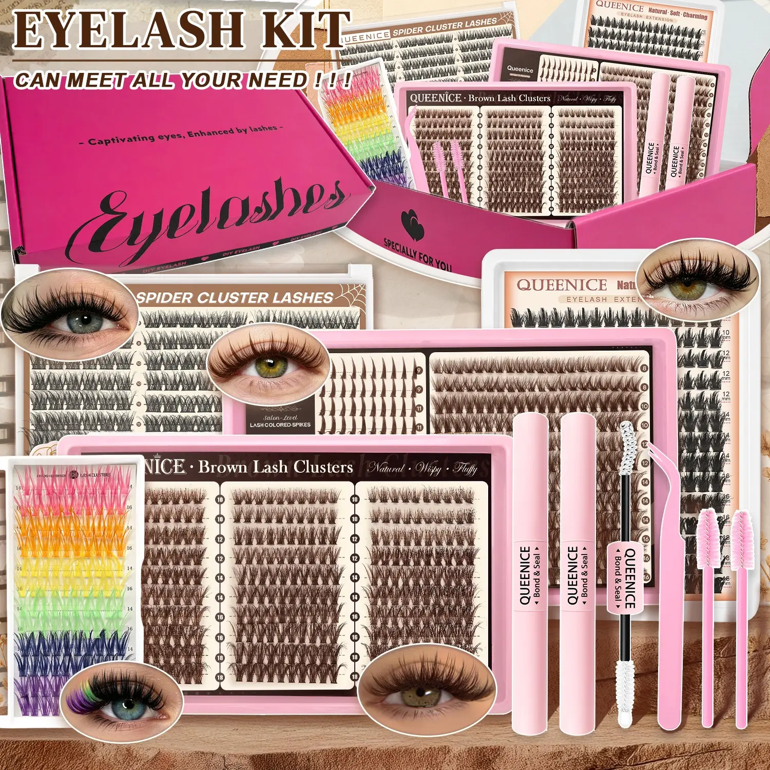 All-in-One DIY Lash Cluster Extension Kit, Eyelash Extensions, 5 Styles: Brown Wispy, Natural Black, Spider Wispy, Dramatic Volume Lash Clusters, with Bond Seal, Tweezers & Brushes, for everyday, soft glam, Christmas, party & festival makeup
