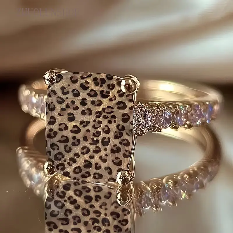 Leopard Print Square Stone Double Layer Ring, Side Inlaid Sparkle Stone Statement Finger Ring, Vintage Wild Style Adjustable Stackable Hand Jewelry