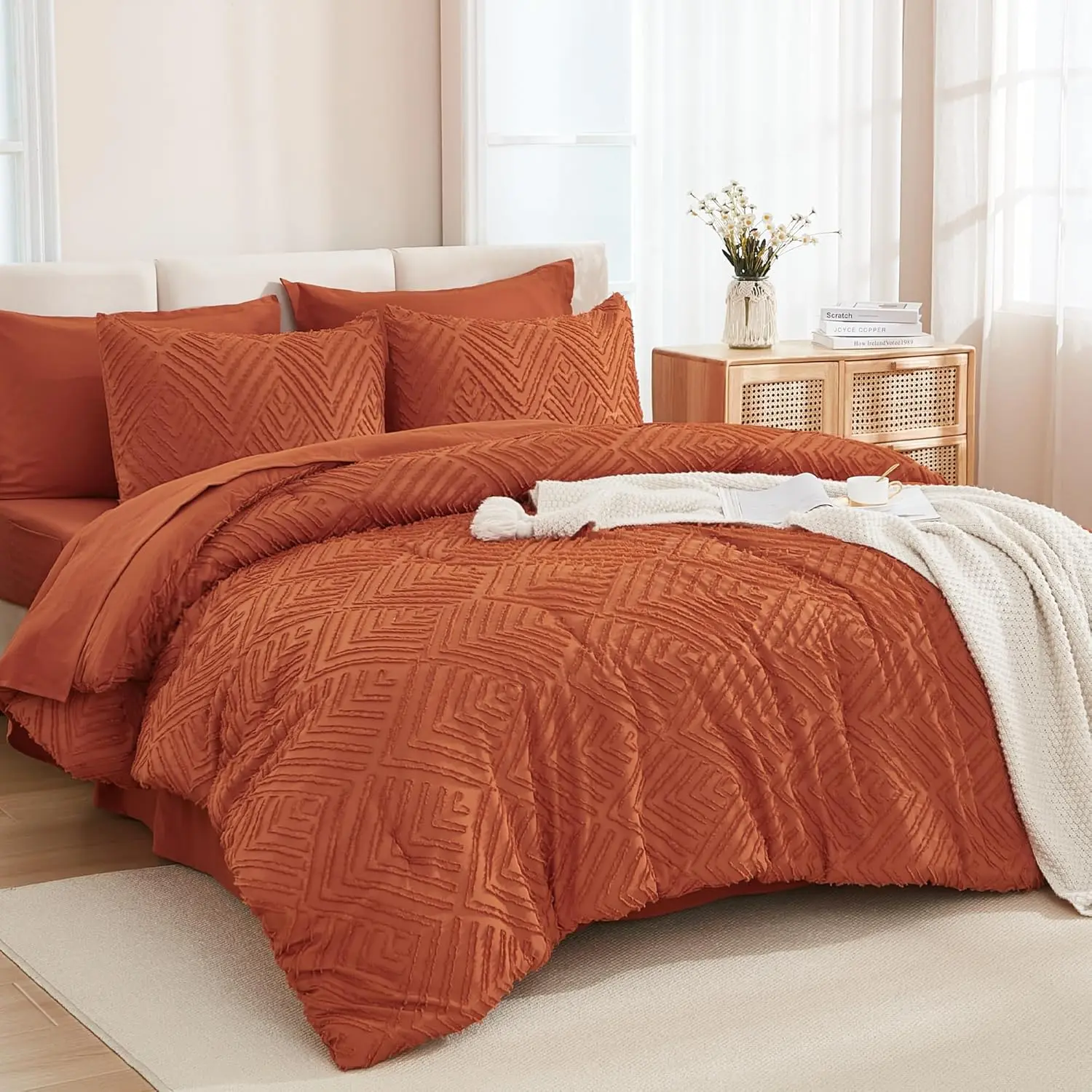 California King Comforter Set Burnt Orange - 7 Piece Cal King Bed in a Bag Boho Terracotta Tufted Bedding Sets, Rust Bed Set with Comforter, Sheets, Pillowcases & Shams