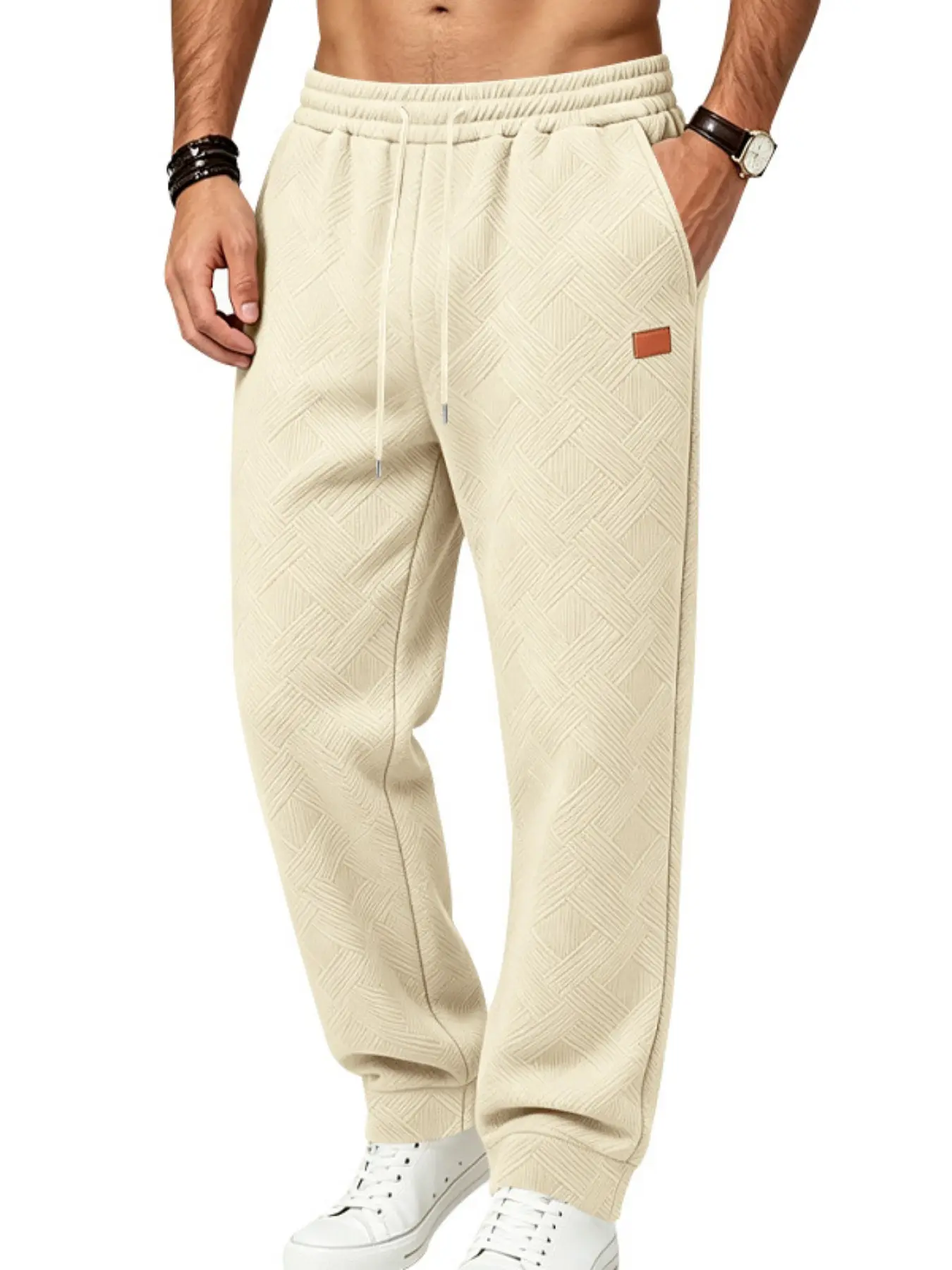 High-Quality Men's Jacquard Texture Sweatpants, Elastic Drawstring Ankle Joggers, Loose Fit with Pockets, Breathable Casual Sports Pants