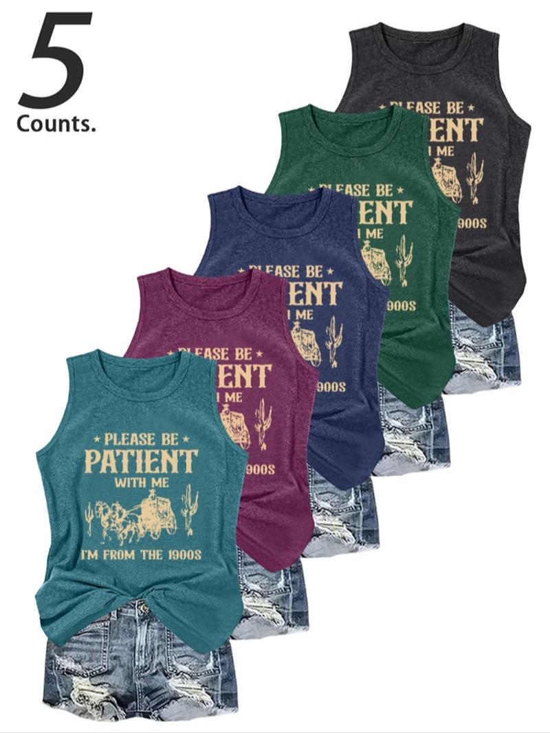 Women's Letter Print Round Neck Tank Top, Casual Sleeveless Crew Neck Top for Daily Wear, Ladies Clothes for All Seasons