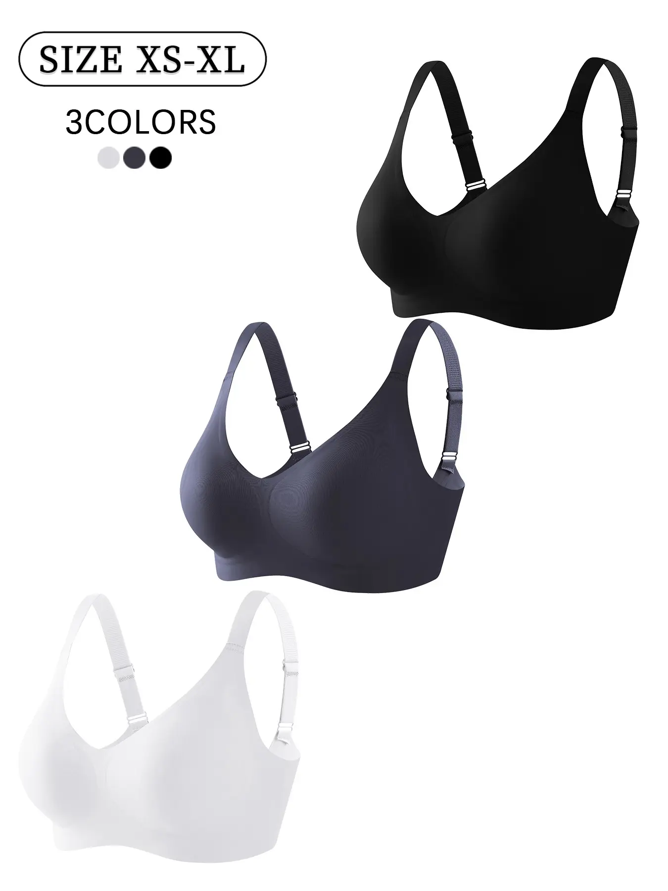 3pcs/12 colors Women's seamless wireless V-neck jelly bra push-up lifting high support daily casual/commute/date XS-XL comfortable skin-friendly soft fabric adjustable shoulder strap Sporty sports backless vest seamless padded women's bra