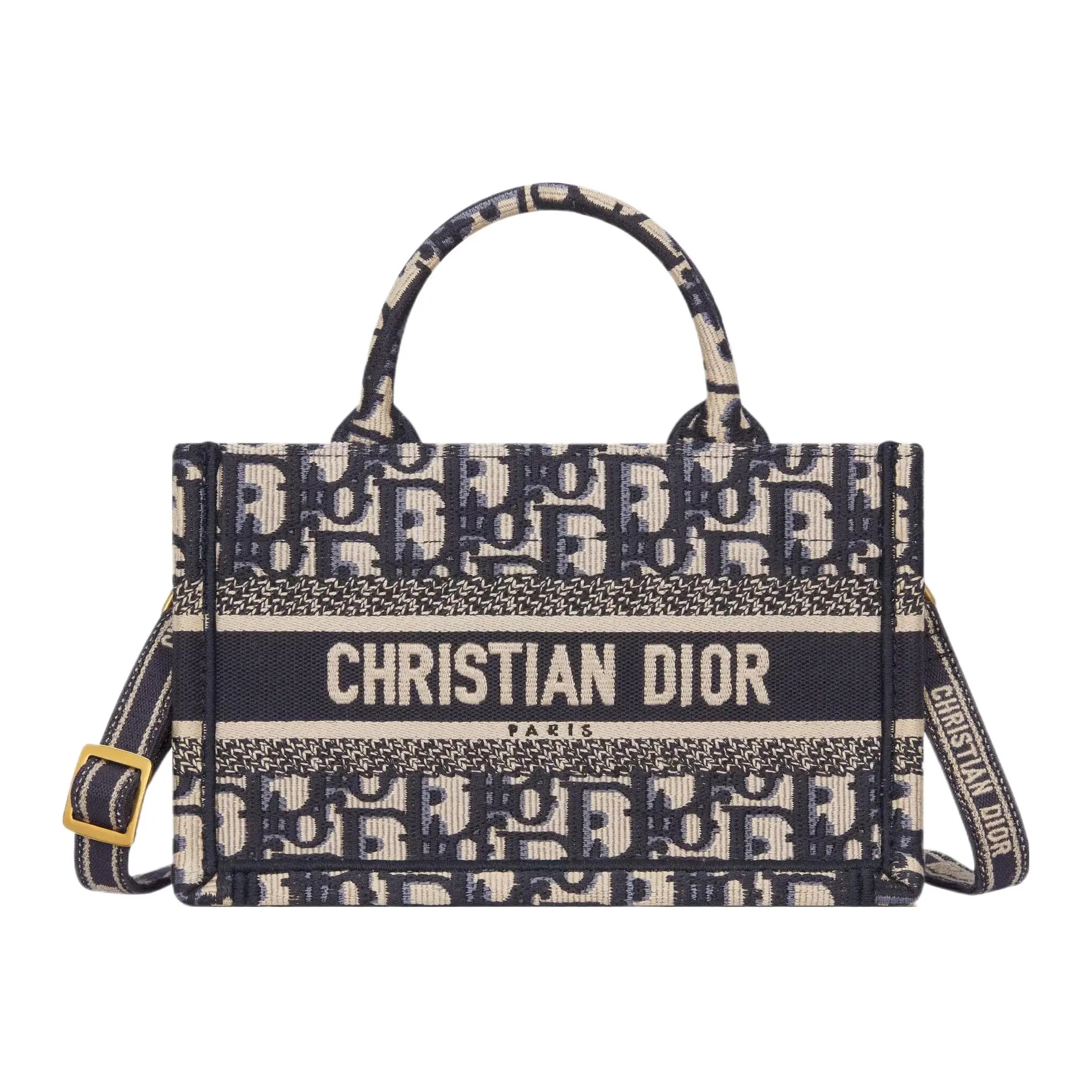 Dior BookTote Handbag for Women – Adjustable Detachable Strap, Oblique Print, Embroidered Mini Tote in Blue and Beige