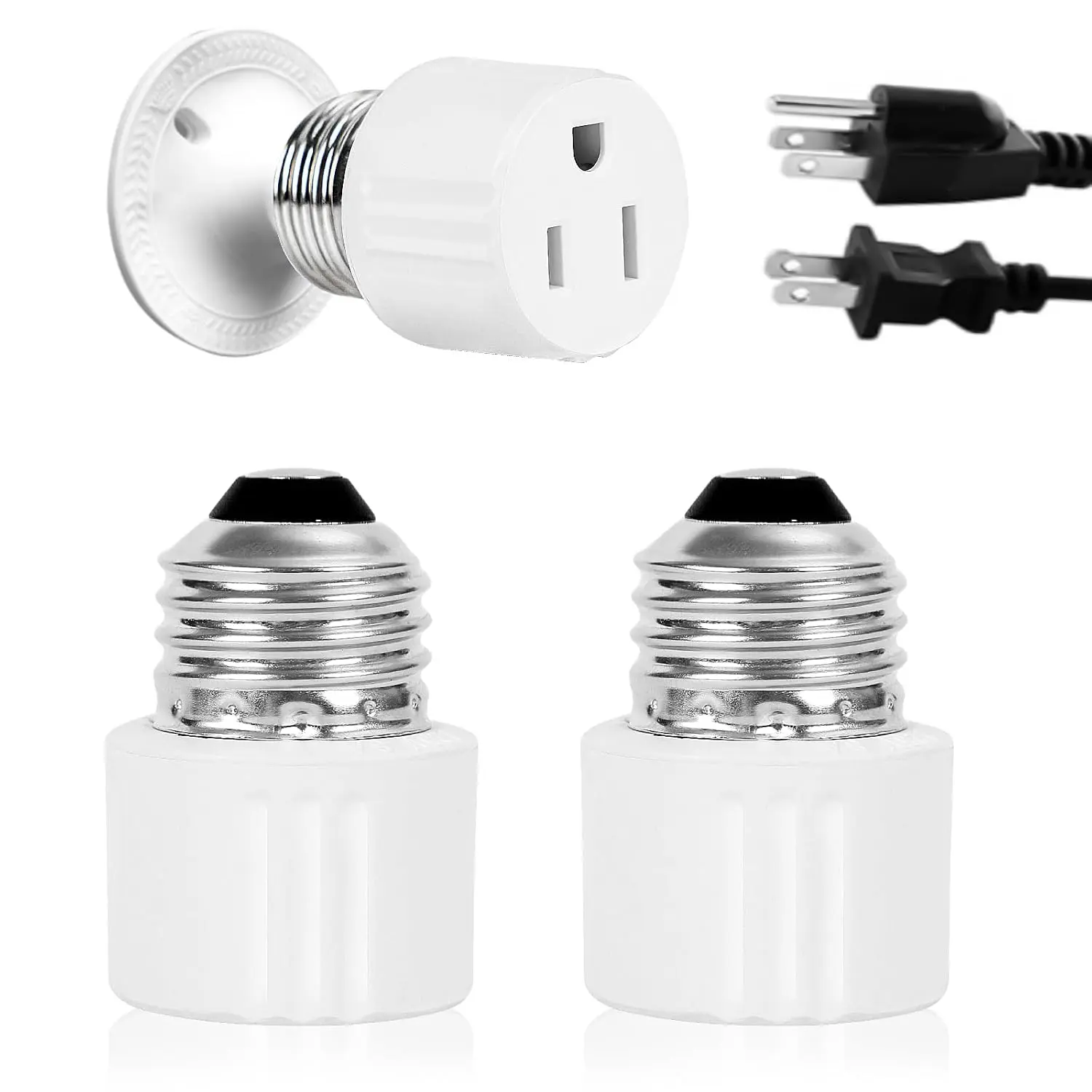 3-Prong Light Socket to Plug Adapter,E26/E27 Light Socket Outlet,2/3 Prong Outlet Socket Splitter Converter for Garage Porch White 2pack