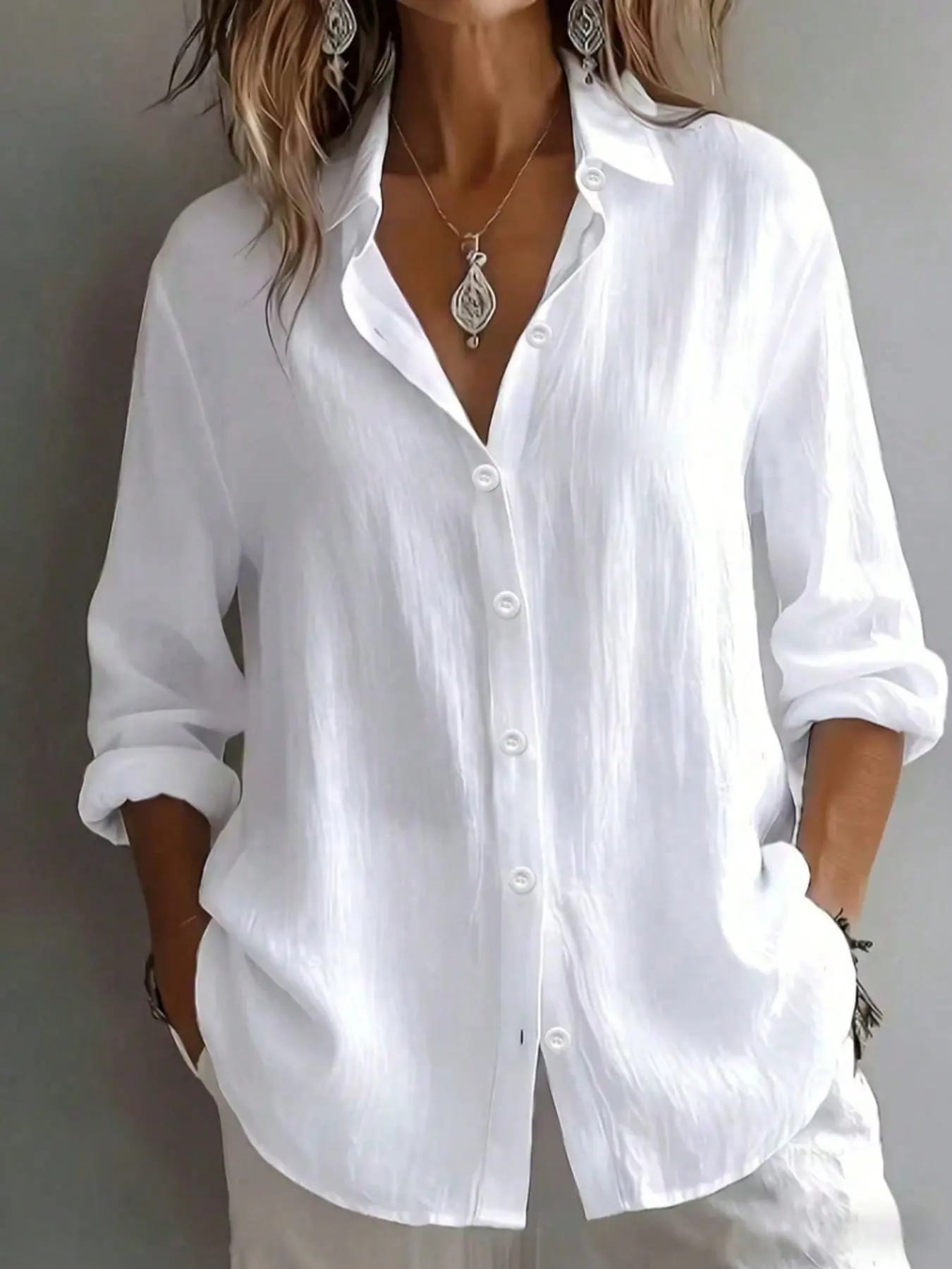 Plus Size Button-Down Shirt Casual Long-Sleeve Loose Solid Blouse, Trendy Minimalist Tops, Relaxed Fit Casual Ensembles, Stylish Classic Collar Detail Party Casual Wear