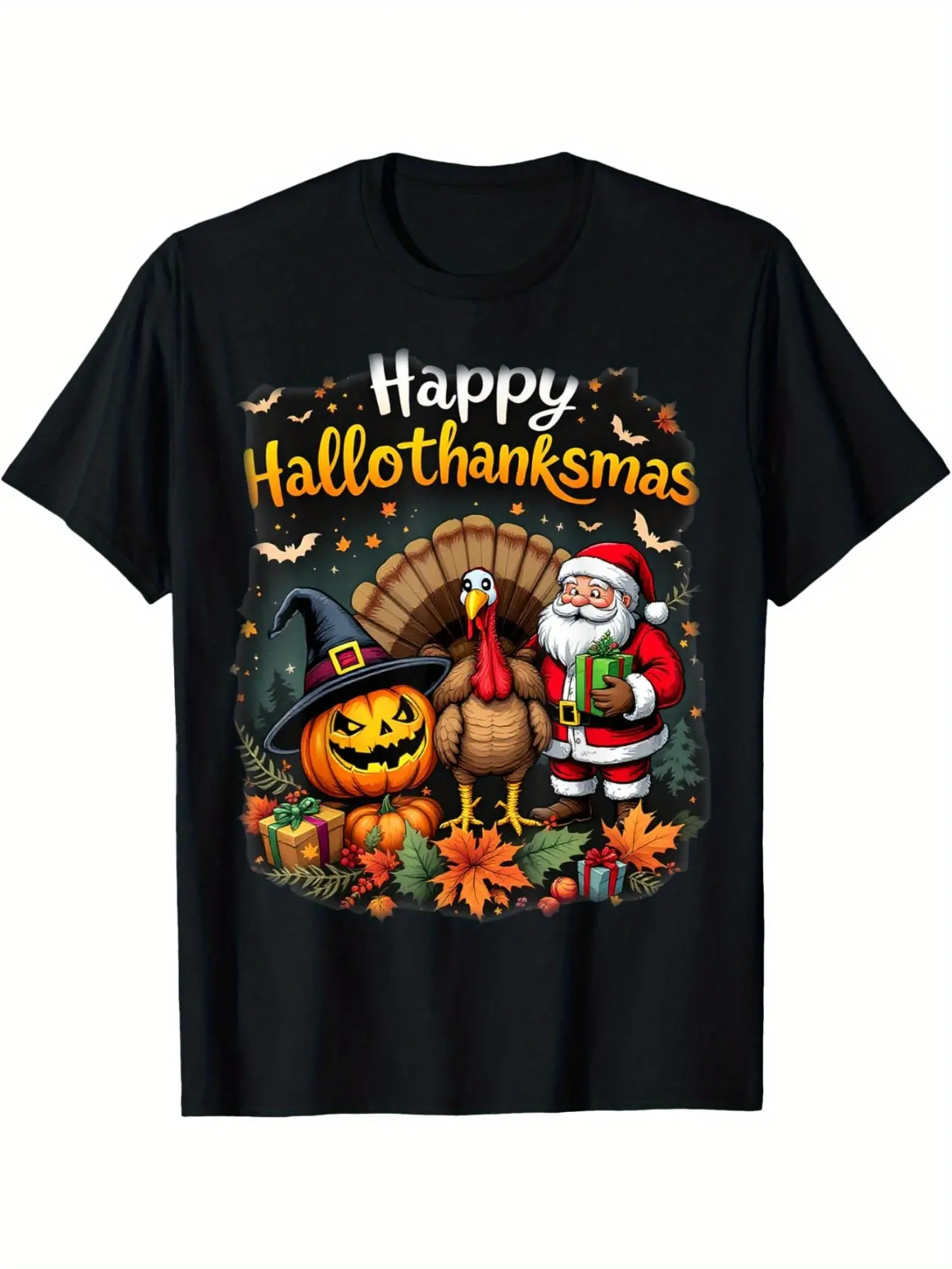 Happy Hallothanksmas for Halloween Thanksmas Holiday Season T‑Shirt Halloween Thanksgiving Christmas Birthday Gift for Men Family Friends, Holiday Tshirt, Festive Apparel, Seasonal Celebration Shirt, Casual Style, Short Sleeve Tee, Printed Top, Holidaythe