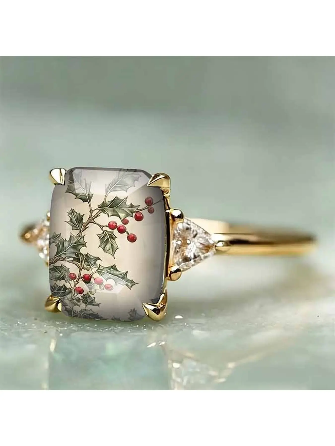 Retro box-shaped ring with wintergreen and red fruit pattern. Artistic Christmas-themed printed finger ring. Women's decorative accessory for festive occasions. Small and unique design ornament for holiday gifts.