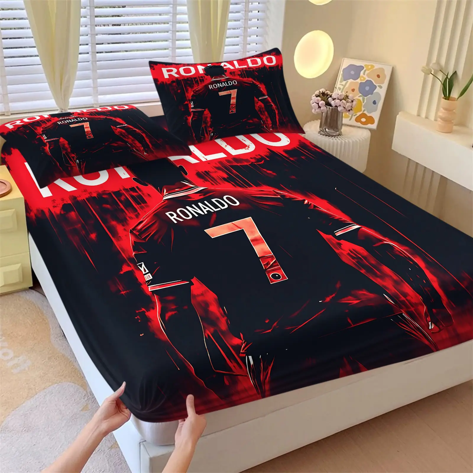 Football Star Ink Print Fitted Sheet Set & 2 Pillowcases-No.7 Player Back View Paired With Red Black Ink Splash Graffiti Art Background-Comfortable Non-Slip Mattress Protector-Street Punk Boy's Room Decor Gift for Fans Print Bedding