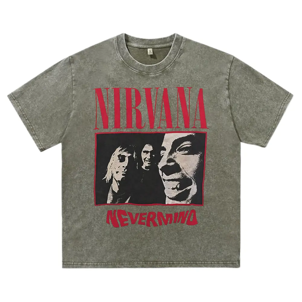 【DTG Digital Print】Vintage Nirvana Nevermind Graphic Tee 100% Cotton Acid Wash Distressed Oversized Fit T-Shirt Retro Y2K Streetwear Unisex Heavyweight Washed Tee Grunge 90s Alternative Rock Band Merch Kurt Cobain Print Short Sleeve Crew Neck Summer Gift