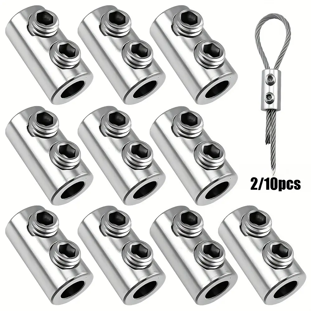 10pcs Stainless Steel Wire Rope Clamps - Cable Crimping Loop Fittings, Double Hole Wire Rope Cable Clips for 2mm Wire, with Bonus Wrench,Metal Copper Clips Stainless Steel Sling Tools Fastening Accessories