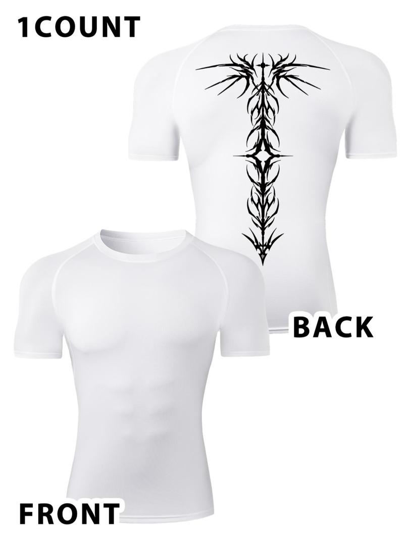 Men's Gothic Wing Print Short Sleeve Tee, Quick Drying Breathable T-shirt for Gym Workout Running, Casual Sporty Top for Summer