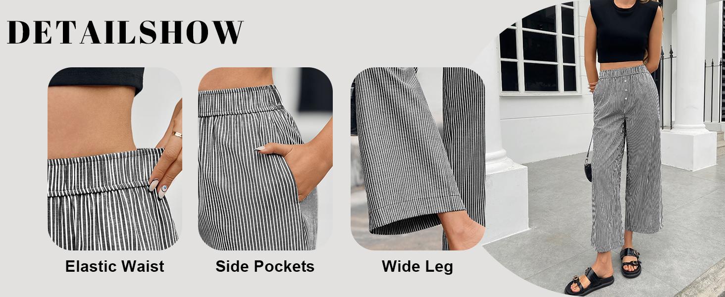 Danedvi Womens Boxer Pants Striped Lounge Pajama Bottoms Elastic High Waisted Wide Leg Trousers with Pockets Black Fabric
