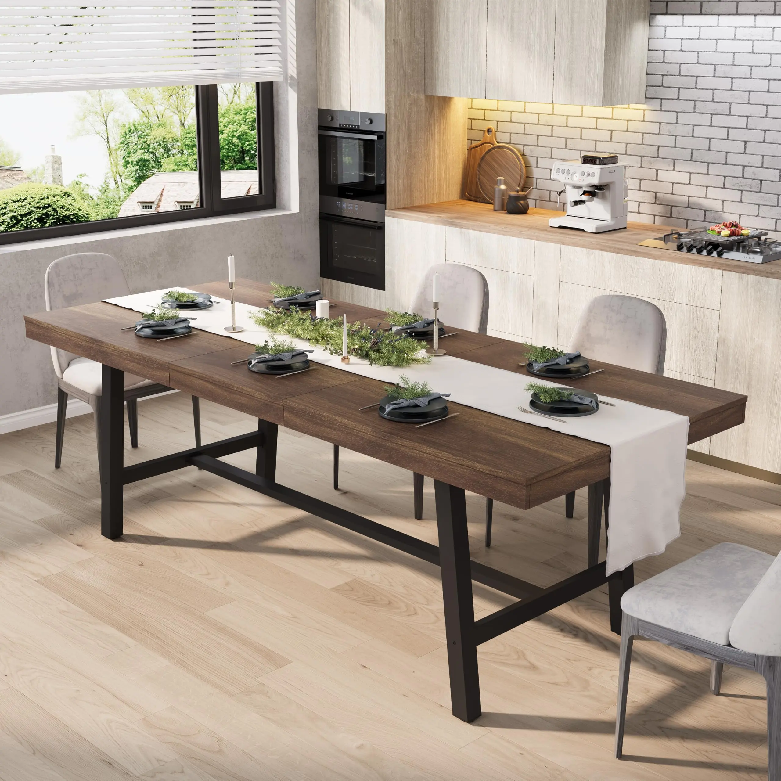 63-83" Extendable Dining Table, Expandable Kitchen Table, For 10,Heavy Duty Metal Frame, Smooth Glide
