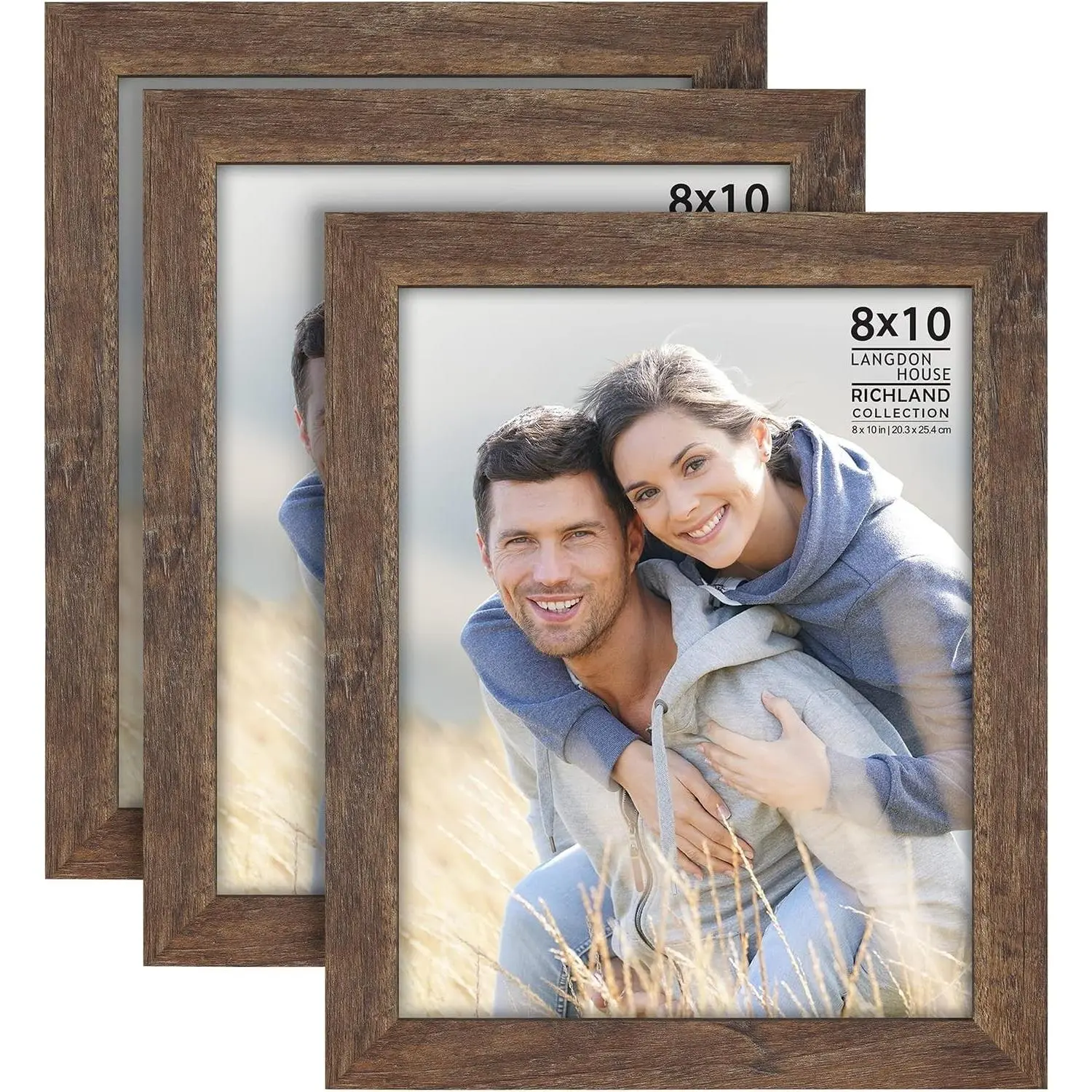 8x10 Picture Frames - Rustic Brown, 3 Pack - Richland Collection | wood grain style polyresin frames for tabletop or wall mount, photo holders for home or office gallery.