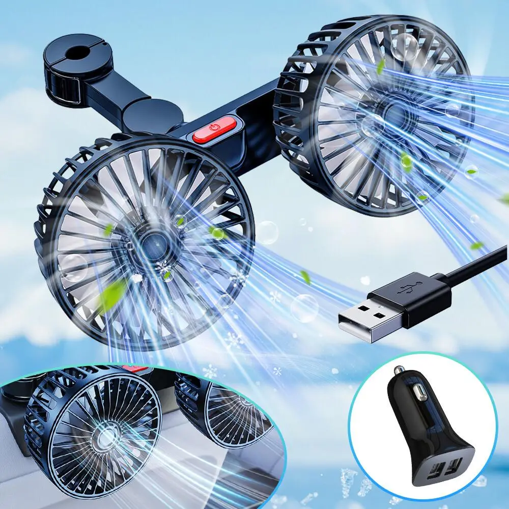 Portable 12V Dual Head Dashboard Mount Car Cooler, 360° Rotatable 2-Speed Adjustable Quiet 6W per Fan ABS Plastic Adhesive Stick-On for All 12V Cars, SUVs, Trucks, Minivans, Odor Removal