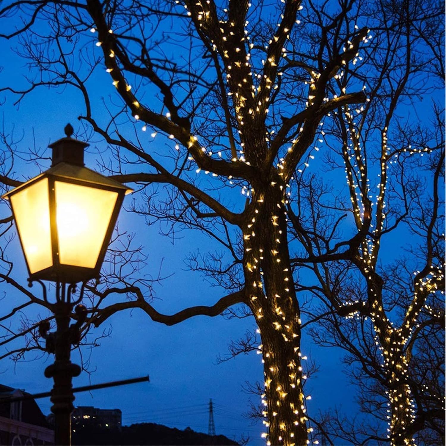 Solar-powered decorative string lights: The warm light version contains 200 LEDs, while the white light version contains 300 LEDs. They support 8 different flashing effects, making them perfect for decorating Christmas scenes, as well as for embellishing