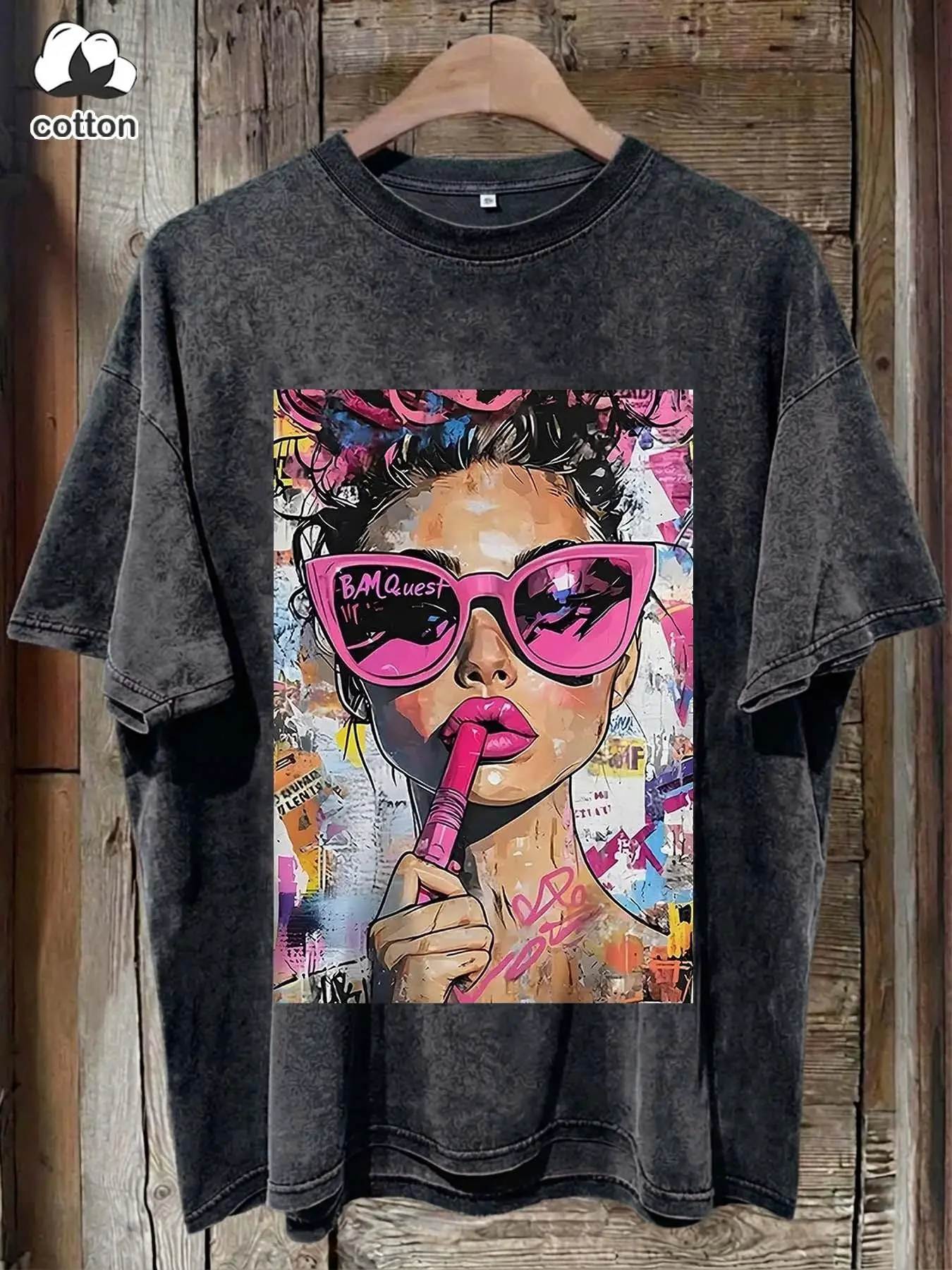 1 piece of multi-color graffiti art portrait print washed and distressed basic short-sleeved T-shirt, Statement, American retro style, pure cotton, loose fit, versatile and flattering for all body types, Suitable for everyday commuting/street style