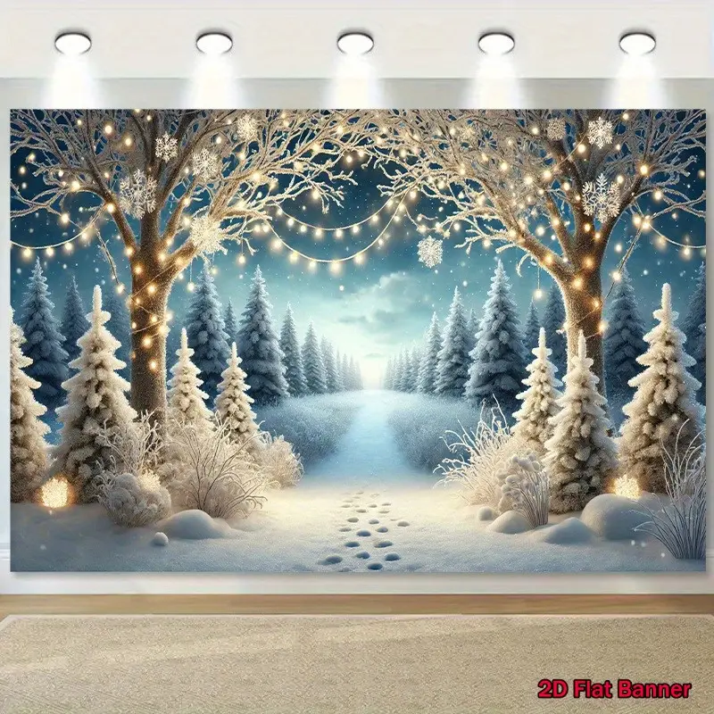 Snowy Forest Winter Wonderland Backdrop, Fairy Lights Christmas Party Banner, Cozy Holiday Wall Decor, Snowscape Tapestry