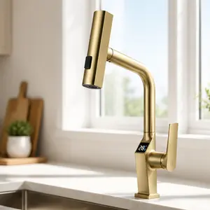 ARCH Touchless Brushed Gold Kitchen Faucet with LED Temperature Display, Motion Sensor Hands-Free Operation, 3-Function Pull-Out Sprayer (Stream, Rain, Sweep), 360° Swivel Spout, Fingerprint-Resistant Metal Finish, Single-Handle Sink Tap