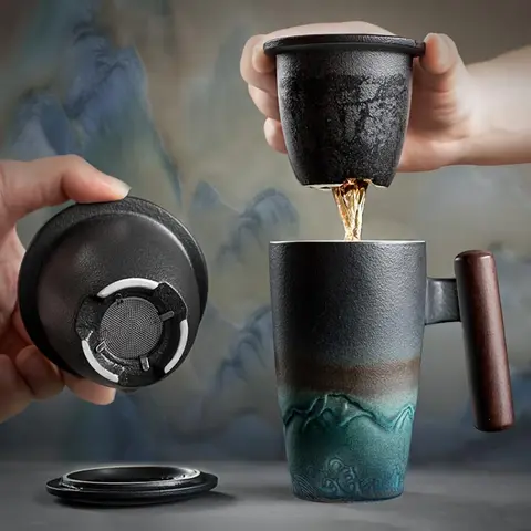 Ceramic Tea Cup Set, 1-Piece Handmade Ceramic Coffee and Tea Cup with Filter, Creative Retro Traditional Drinking Cup, Stylish Drinkware, Kitchenware Drinkware Cups, Ceramic Beverage Drinkware for Home and Office
