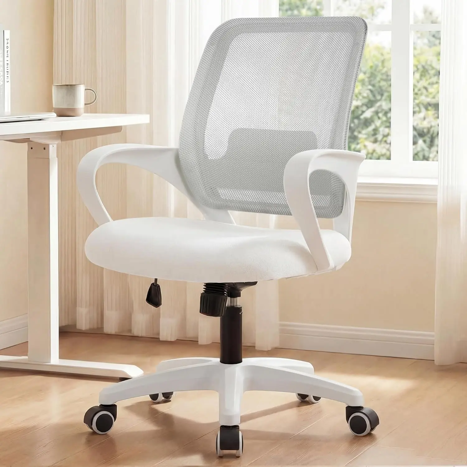 Ergonomic Desk Chair - Chair for Desk with Mid-Back Mesh Seat, Lumbar Support, Adjustable Height, Swivel Rolling Wheels for Home Office, Study (Ivory-White Frame)