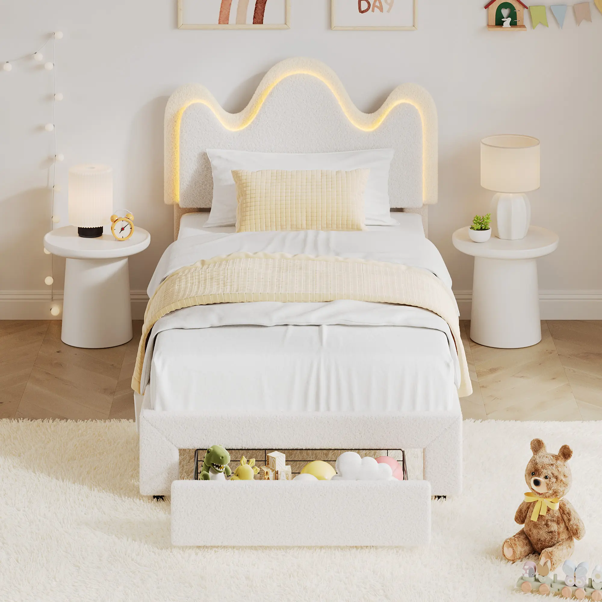 LED Bed Frame with Storage Drawers,Cute Flower Headboard with Soft Teddy Fleece Fabric Bed Frame for Kids/Girls,Solid Wood Slat Support,Noise-Free,Easy Assembly