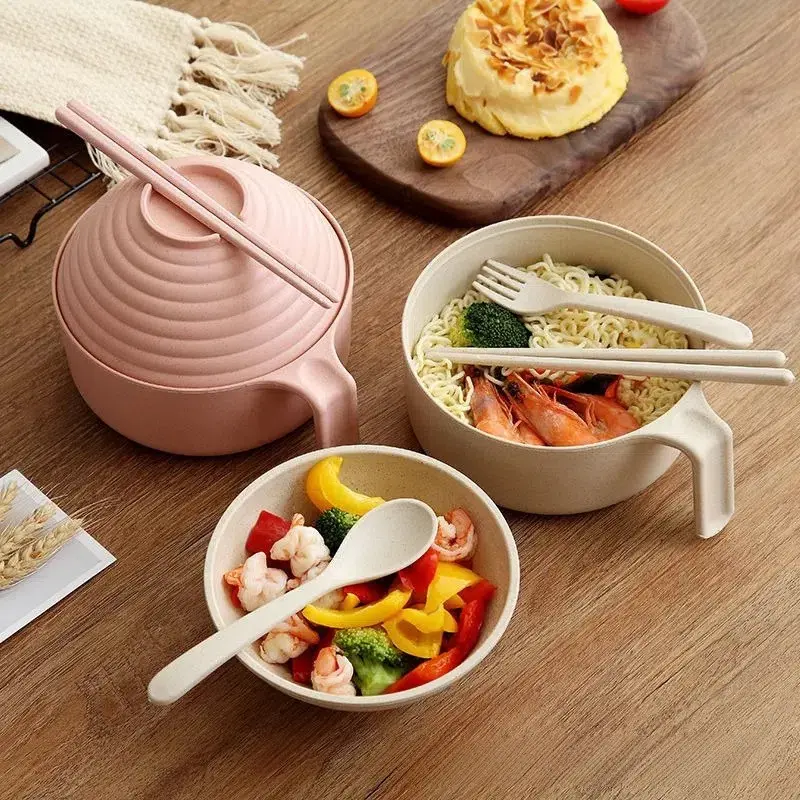 Wheat Straw Instant Noodle Bowl with Lid, Chopsticks, Spoon, Fork, Student Dormitory Dining Set, Convenient Ramen Bowl Kit