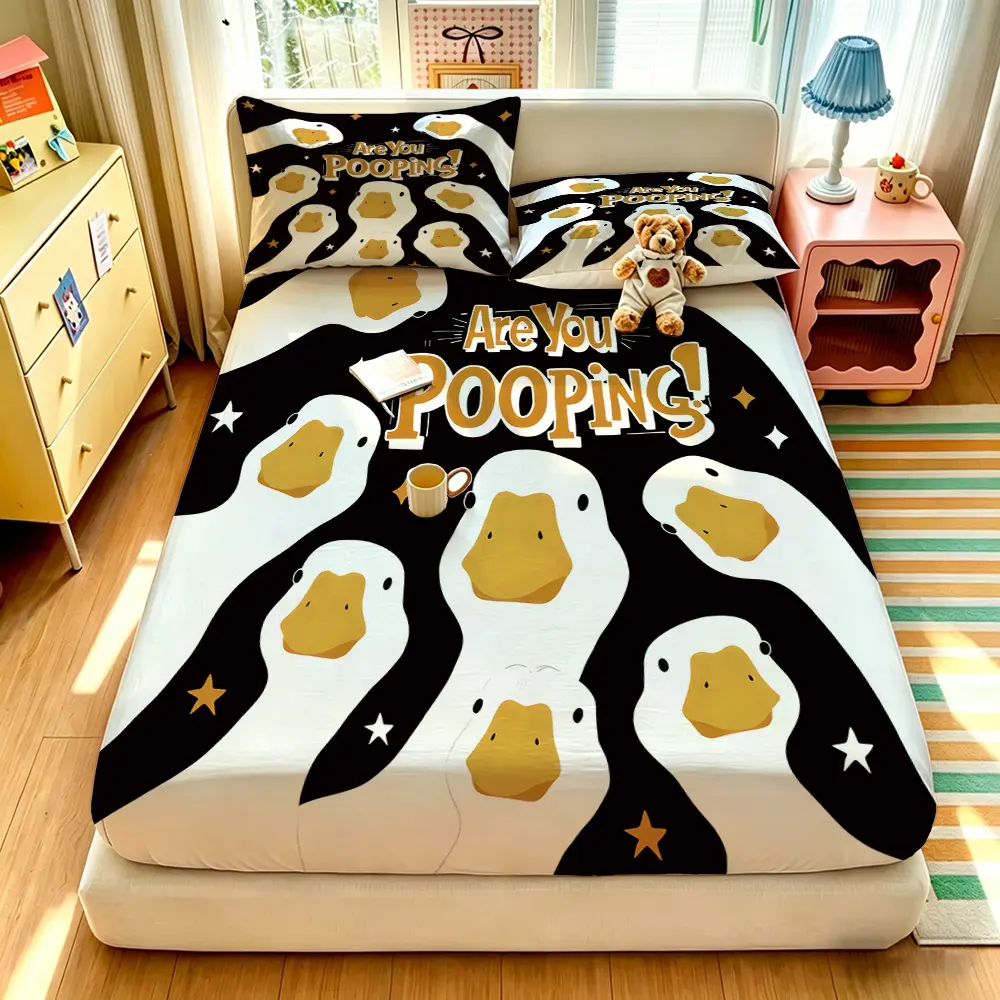 3pcs Cartoon Big White Goose "Are You POOPING" Slogan Print Fitted Sheet Set (1 Fitted Sheet + 2 Pillowcases), No Insert, Soft Comfortable Bedspread, Deep Pocket, for All Rooms