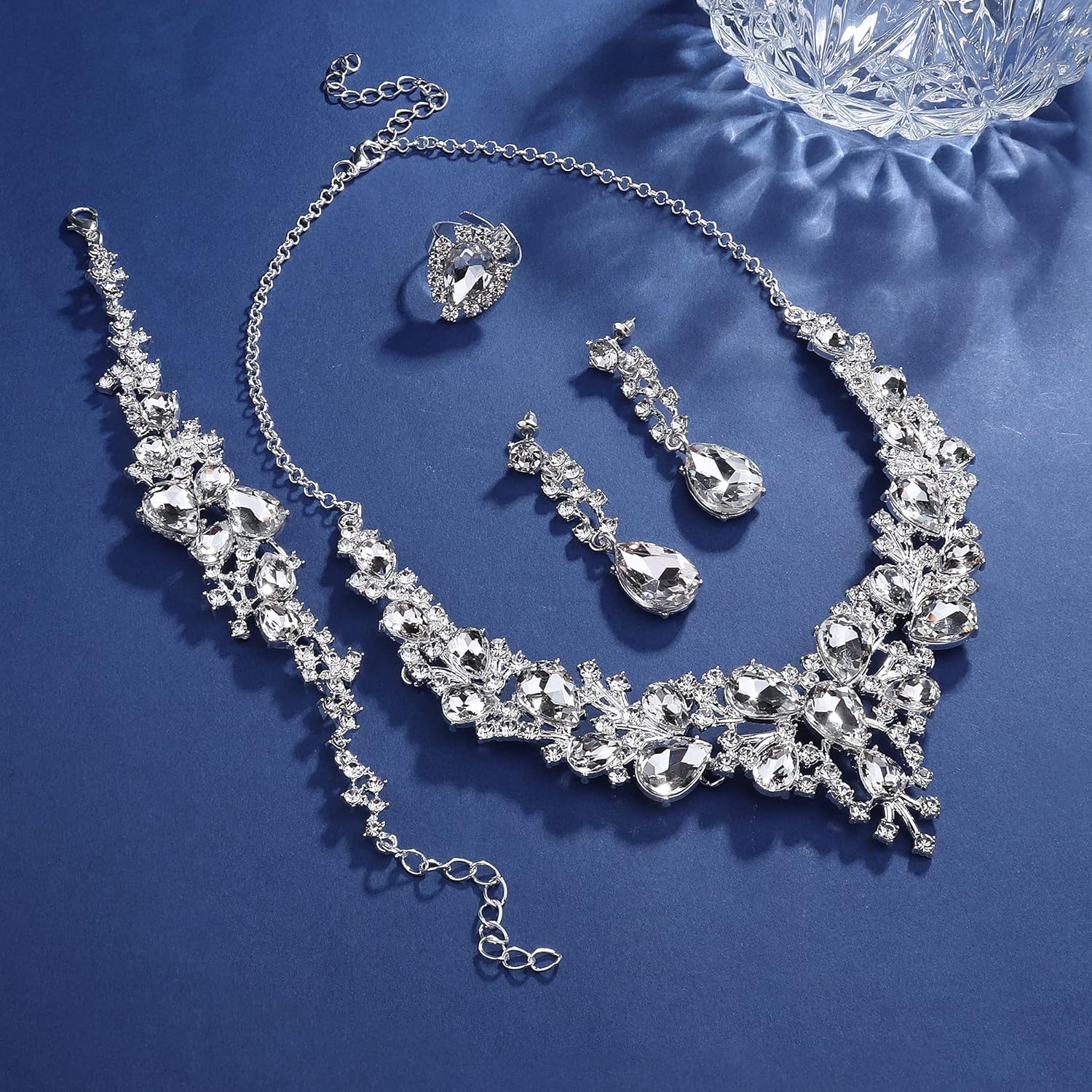 Wedding Jewellery Set for Women Crystal Teardrop Cluster Necklace Earrings Ring Set Silver Bracelet Set Wedding Engagement Bridesmaid Costume Dress Prom Jewellery Sets