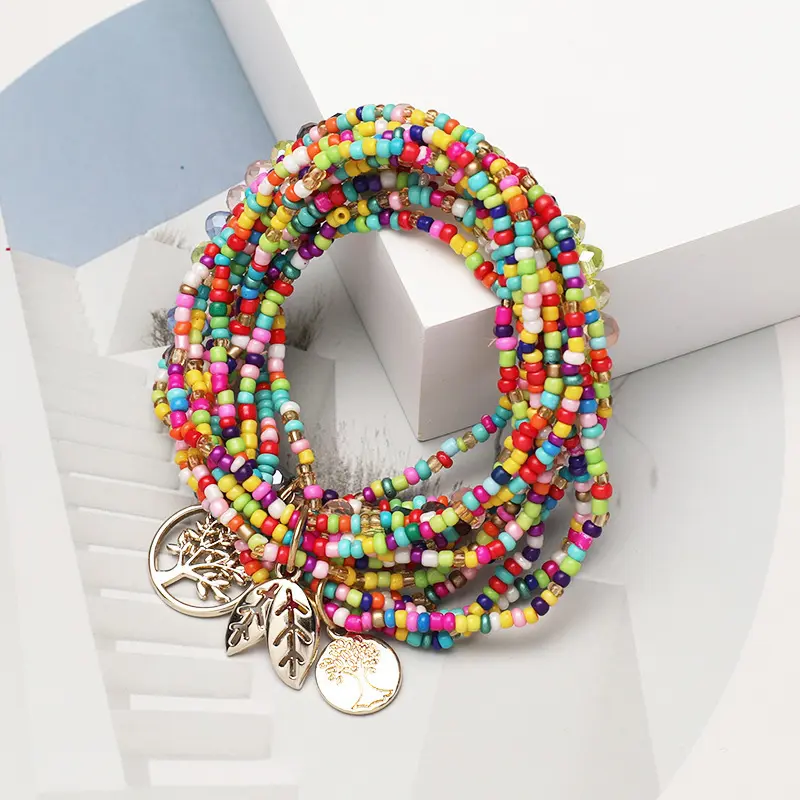 3pcs Colorful Bohemian Multi-layer Resin Rice Bead Bracelets | Chic Copper Leaf Life Tree Pendant Bangle, Vibrant Rice Bead Bracelet, Daily Commuting Beach Party Additions, Layered Style