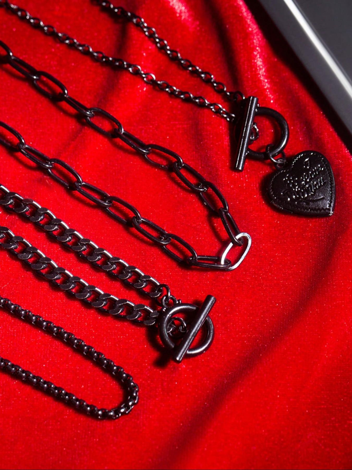 Women's Punk Style Heart Design Pendant Necklace & OT Buckle Chain Necklaces, 4 Counts Fashion Charm & Chain Necklaces, Gothic Mystery Jewelry, Trendy Goth Jewelry for Birthday Gift