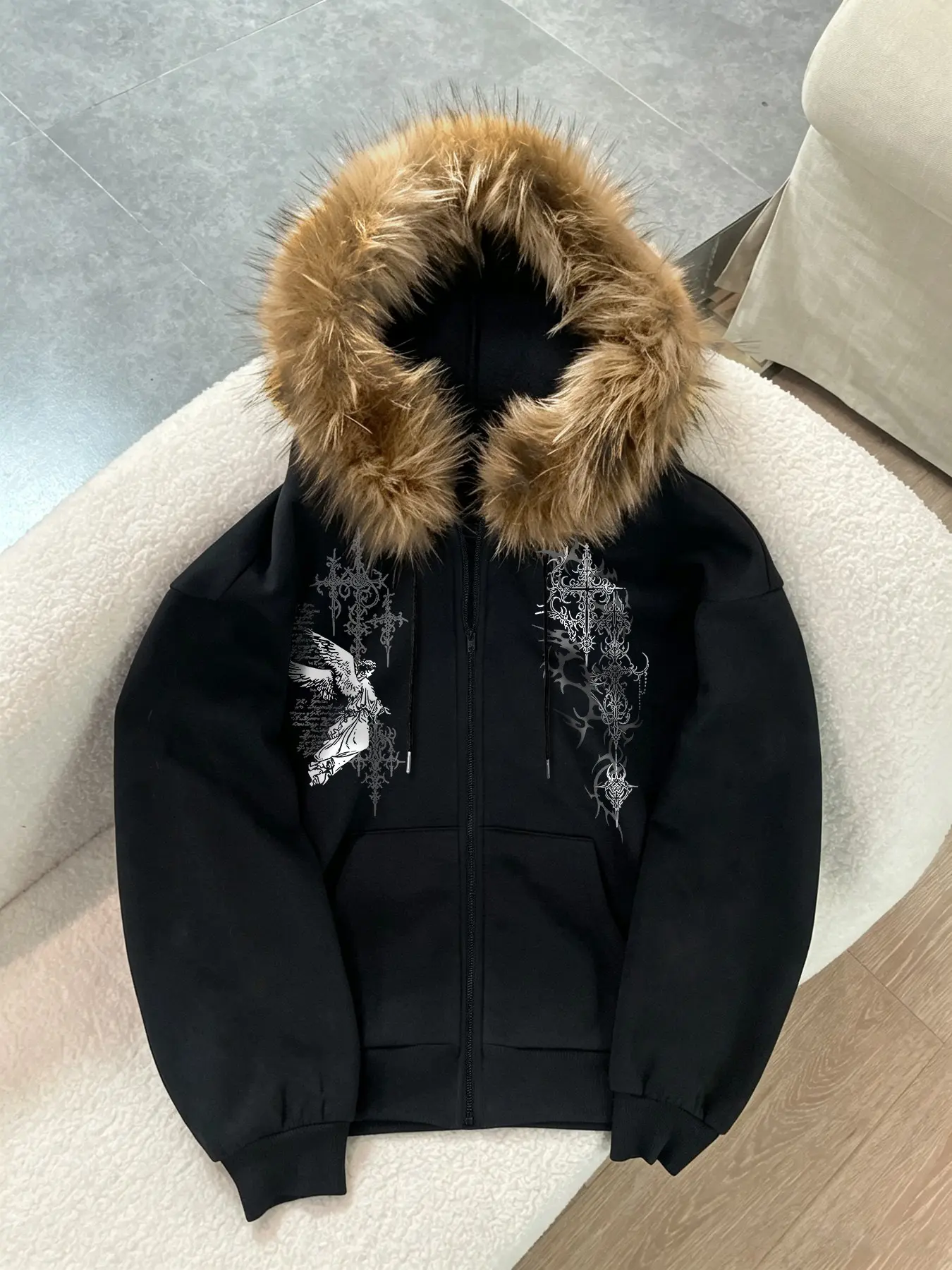 Men's Gothic Angel Spike Pattern Fur Collar Jacket, Casual Loose-Fit Streetwear, All-Season Fashion, Zipper Top with Pocket Design